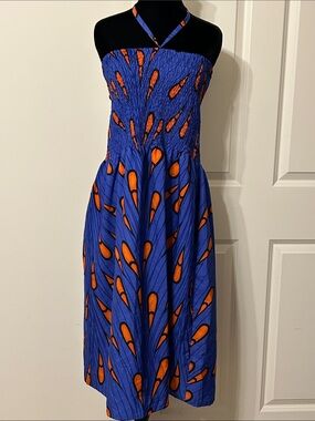 Blue & Orange Exotic Patterned Halter Midi Dress by Gypsie Blu